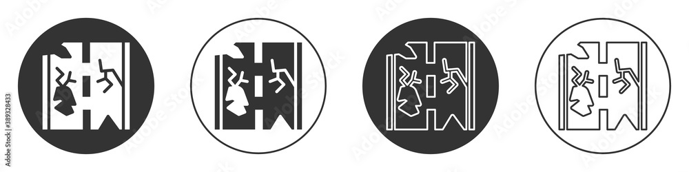 Black Broken road icon isolated on white background. Circle button. Vector. Black Broken road icon isolated on white background. Circle button. Vector.