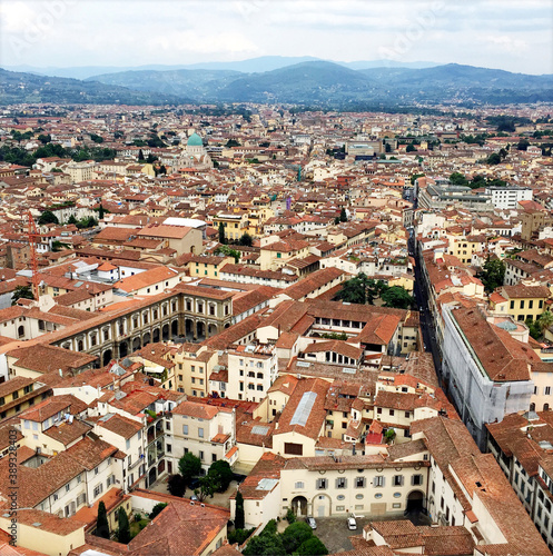 View across the narrow streets and terracotta rooftops of the centre of Florence