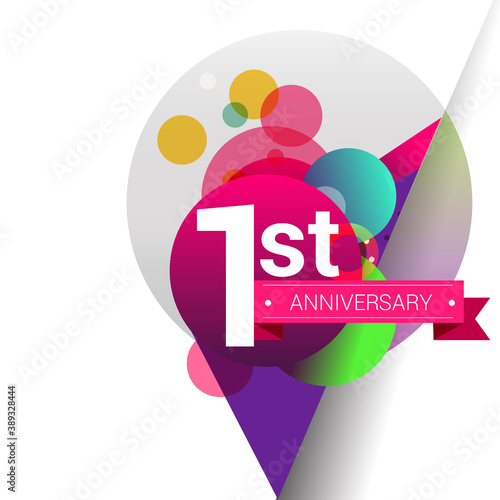 1st Anniversary logo with colorful geometric background, vector design template elements for your birthday celebration.