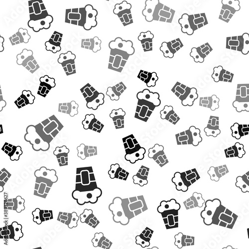 Black Popcorn in cardboard box icon isolated seamless pattern on white background. Popcorn bucket box. Vector.