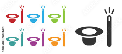Black Magic hat and wand icon isolated on white background. Magic trick. Mystery entertainment concept. Set icons colorful. Vector.