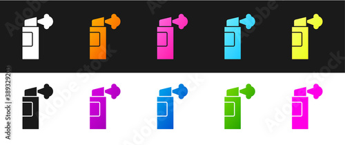 Set Pepper spray icon isolated on black and white background. OC gas. Capsicum self defense aerosol. Vector.
