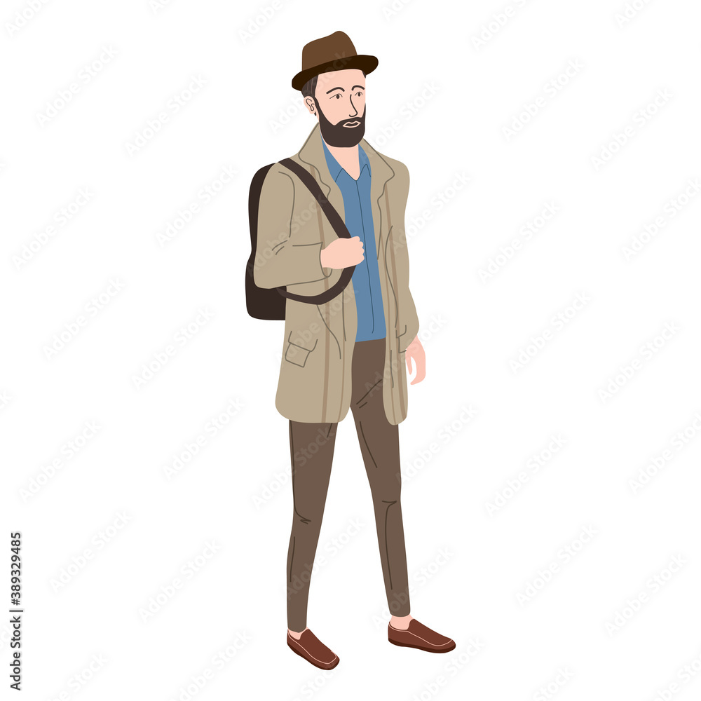 Young man student in modern autumn trendy clothes in a hat. Fashion casual outerwear street style character. Flat cartoon style vector isolated