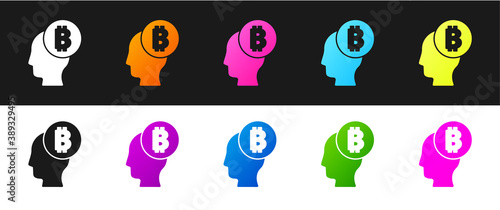 Set Bitcoin think icon isolated on black and white background. Cryptocurrency head. Blockchain technology, digital money market, cryptocoin wallet. Vector.