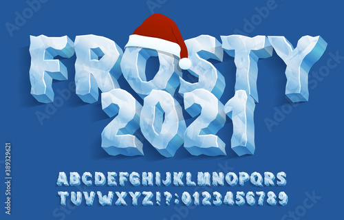 Frosty 2021 alphabet font. 3D ice letters and numbers with Xmas hat. Stock vector typescript for your typography design.