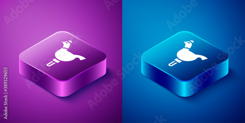 Isometric Candy cockerel lollipop on a stick icon isolated on blue and purple background. Square button. Vector.