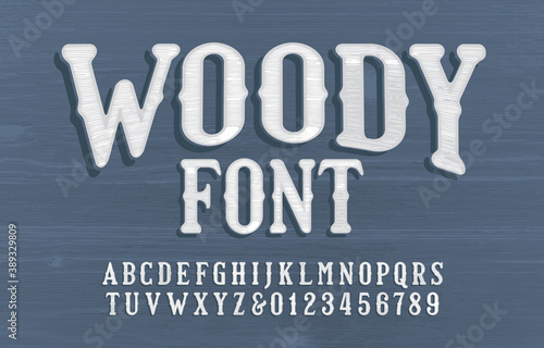 Woody alphabet font. Vintage textured letters and numbers. Wooden background. Vector typescript for your typography design.