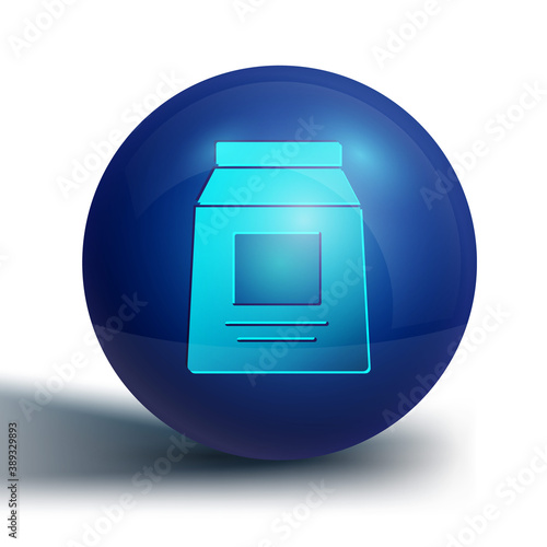 Blue Sports nutrition bodybuilding proteine power drink and food icon isolated on white background. Blue circle button. Vector.