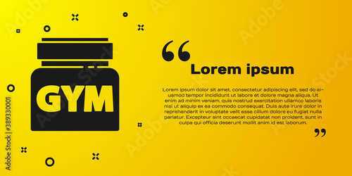 Black Sports nutrition bodybuilding proteine power drink and food icon isolated on yellow background. Vector.