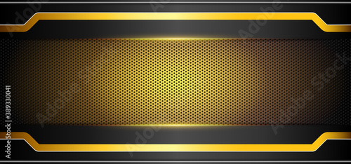 Black abstract background with carbon fiber texture and golden light on centre 