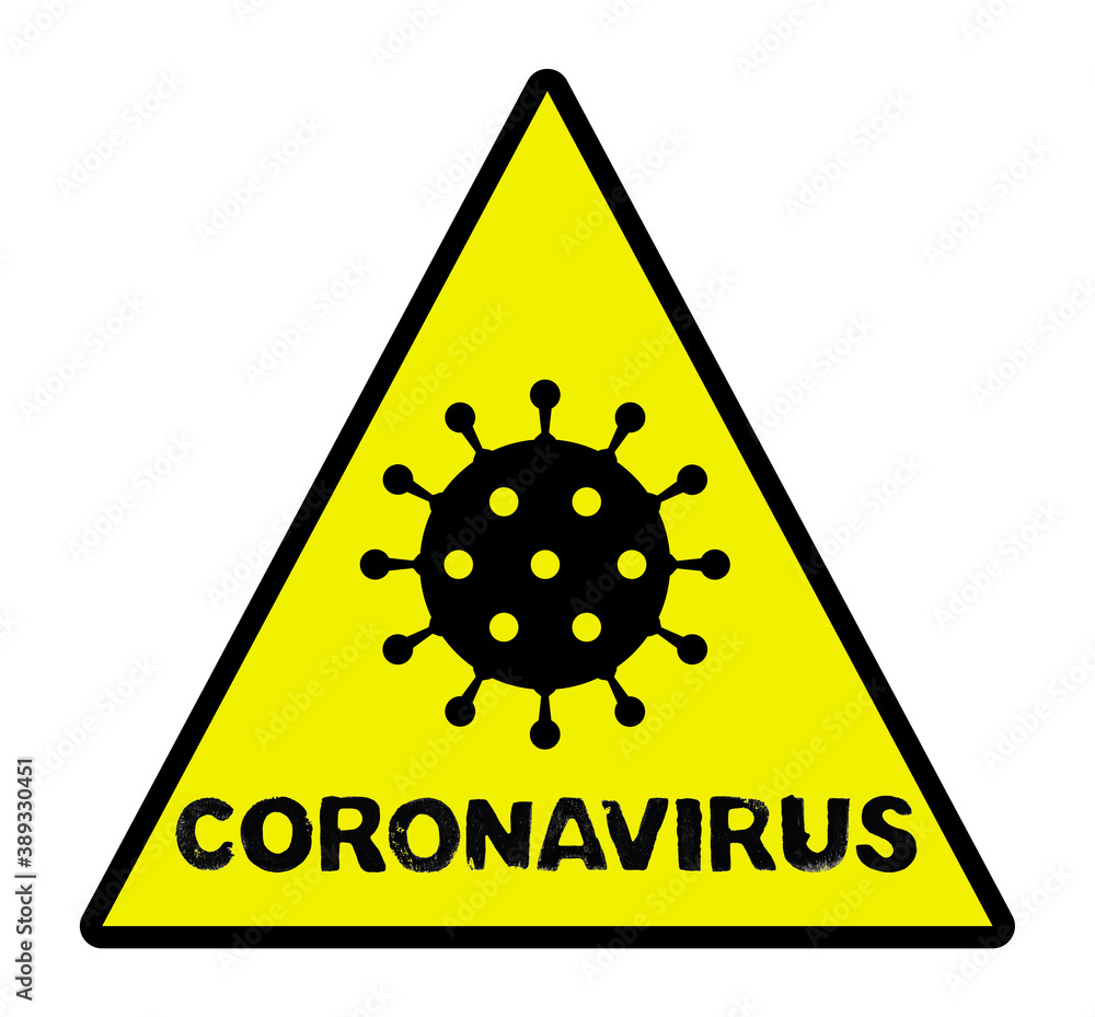 Vorsicht! Covid-19 Icon auf gelbem Warnschild Vorsicht! Covid-19 Icon auf gelbem Warnschild