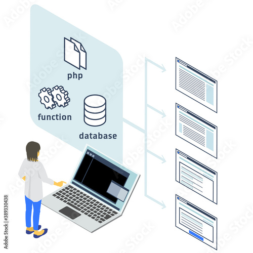 アイソメトリック phpでwebページを作成するweb製作者のベクターイラスト