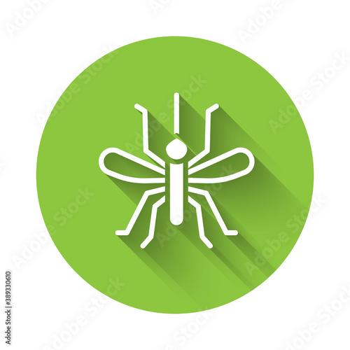 White Mosquito icon isolated with long shadow. Green circle button. Vector.