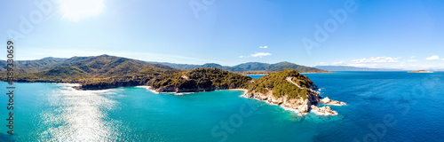 Drone aerial view of sea and rocks in Olympiada, Halkidiki, Greece