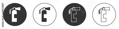 Black Fire extinguisher icon isolated on white background. Circle button. Vector.