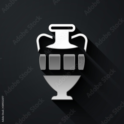 Silver Ancient amphorae icon isolated on black background. Long shadow style. Vector.