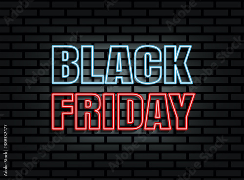 Black friday sale neon light on brick wall background