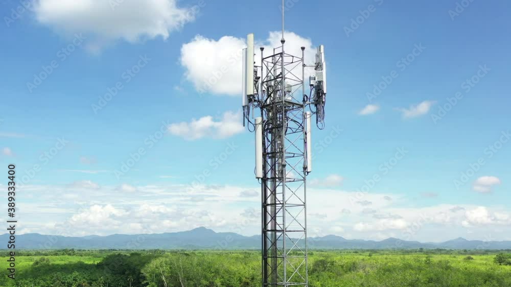 Footage 4k B-roll Aerial drone view of tower antennas Telecommunication cell phone, radio transmitters of cellular 5g 4g mobile and smartphones