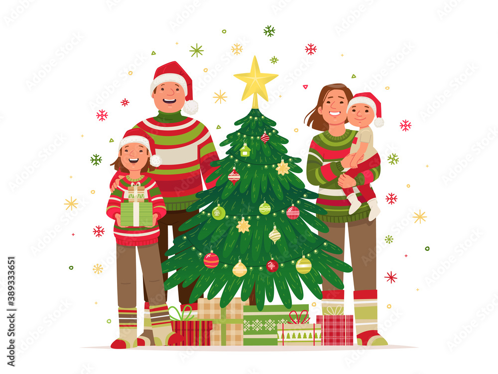 Fototapeta premium Merry Christmas and Happy New Year. Happy family is standing next to the Christmas tree