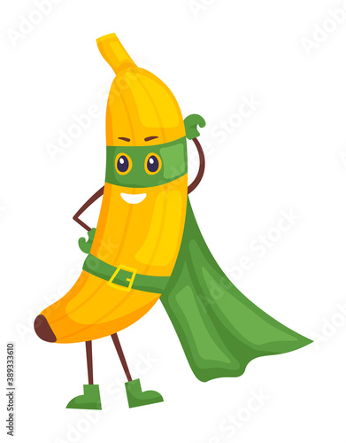 Cartoon masked banana fruit hero in cloak isolated on white