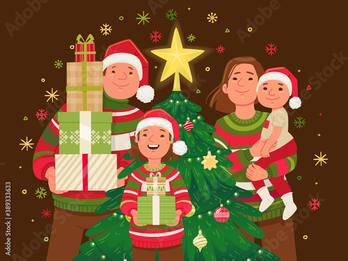 Happy family celebrates Christmas or New Year. Father, mother, son and daughter together