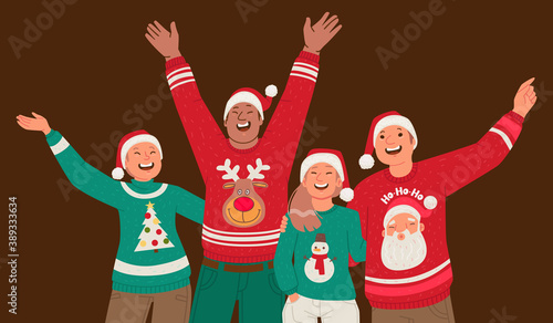 Happy friends in ugly sweaters and hats celebrate Christmas or New Year. Young people celebrate the holiday.