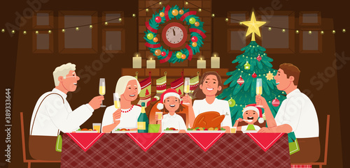 Large family celebrates Christmas or New Year. Grandma and grandfather, mom, dad and children are sitting