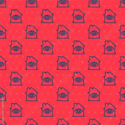 Blue line House with eye scan icon isolated seamless pattern on red background. Scanning eye. Security check symbol. Cyber eye sign. Vector.