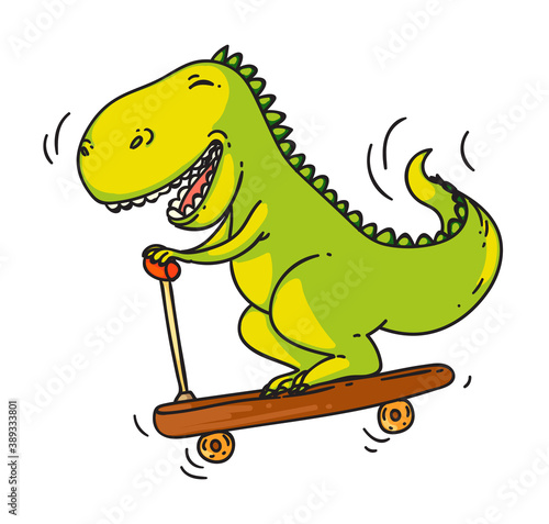 Funny dinosaur. Vector funny dinosaur teenager riding kick scooter isolated on white background. Happy cartoon comic prehistoric creature having fun illustration