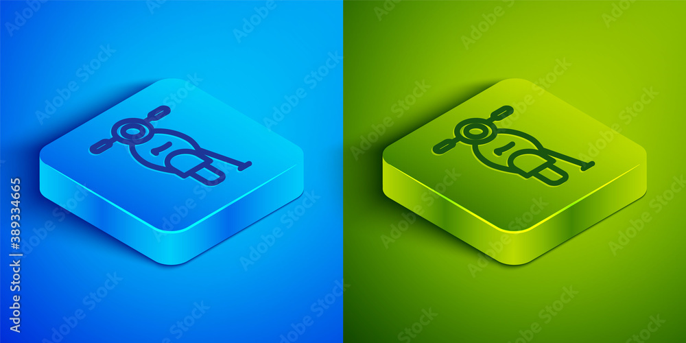 Isometric line Scooter icon isolated on blue and green background. Square button. Vector. Isometric line Scooter icon isolated on blue and green background. Square button. Vector.