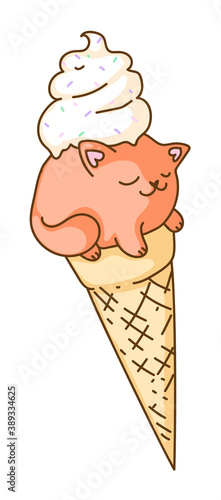 Isolated vanilla ice-cream cone sleeping kitten in cone