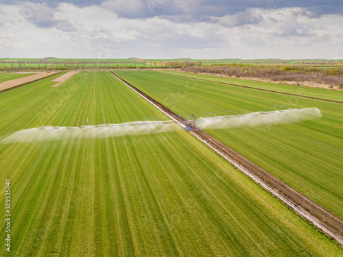 Aerial drone image of tractor spraying soil and young crop in springtime in field