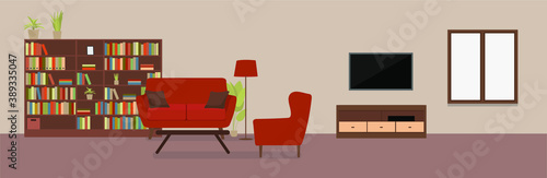 Living room interior. Modern room design with sofa, armchair, houseplants, bookcase and other furniture.
