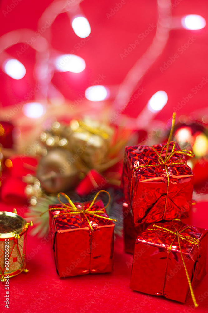 Christmas decorations on a red background. Holiday decorations. Christmas concept