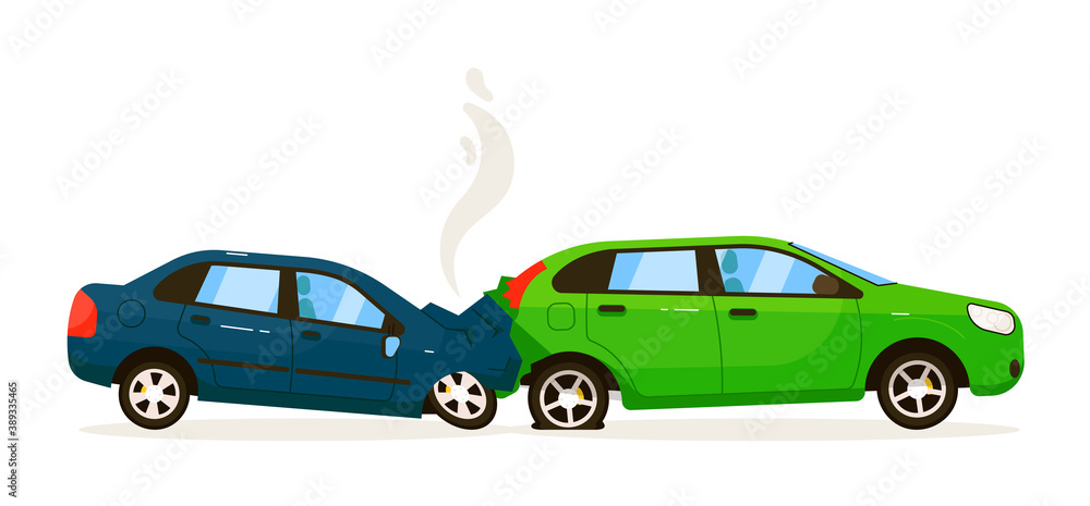 Rear end collision. Two isolated vector car impact on white road ...