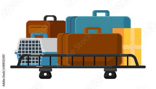 Car luggage rack filled with travel baggage bag on white