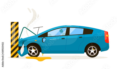 Car crash. Automobile with damaged bumper and hood after fence column hit isolated on white background. Accident on road vector illustration