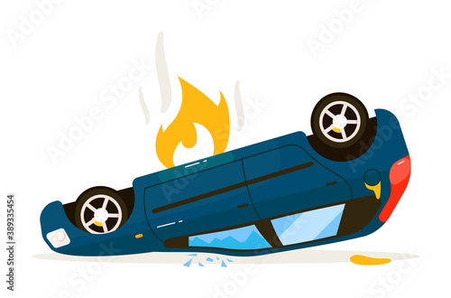 Car on roof. Isolated vector car flipped turned over after dangerous road accident illustration on white background. Vehicle wreck and destruction