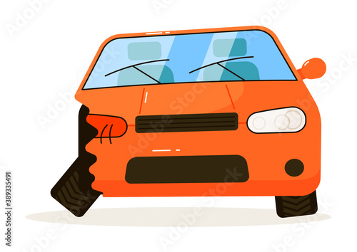 Damaged car. Isolated damaged car after road accident on white background. Cracked headlight, injured bumper, destroyed hood as traffic collision result illustration