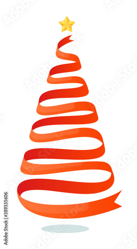 Ribbon Christmas tree. Isolated Christmas fir tree with sparkle shiny star made of red swirl satin ribbon on white background. Vector stripe xmas ornament fro greeting card illustration
