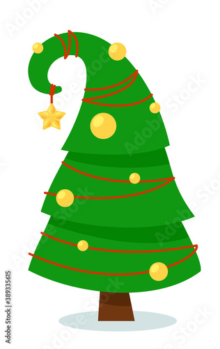 Green fluffy pine. Isolated fuzzy Christmas tree with decoration ball and star on bent top stripe illustration. Vector green fluffy pine holiday plant on white background