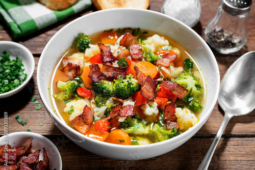 Soup with broccoli and cauliflower served with smoked bacon and toasted bread.