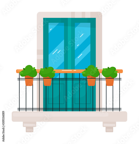 Isolated forged balcony with flower cachepot, plastic window
