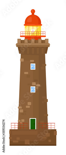 Brick lighthouse with beaming spotlight on white background