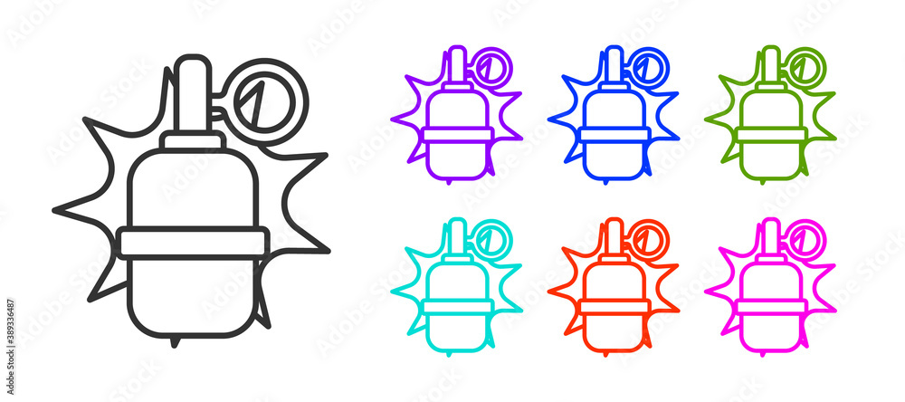 Black line Hand grenade icon isolated on white background. Bomb explosion. Set icons colorful. Vector. Black line Hand grenade icon isolated on white background. Bomb explosion. Set icons colorful. Vector.