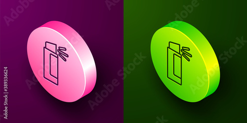 Isometric line Pepper spray icon isolated on purple and green background. OC gas. Capsicum self defense aerosol. Circle button. Vector.
