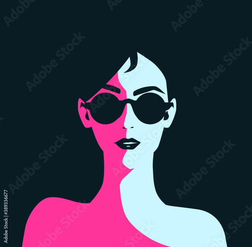Fashion girl with black lips in sunglasses. Beautiful brunette woman face vector illustration. Stylish original graphic portrait with beautiful young attractive model.