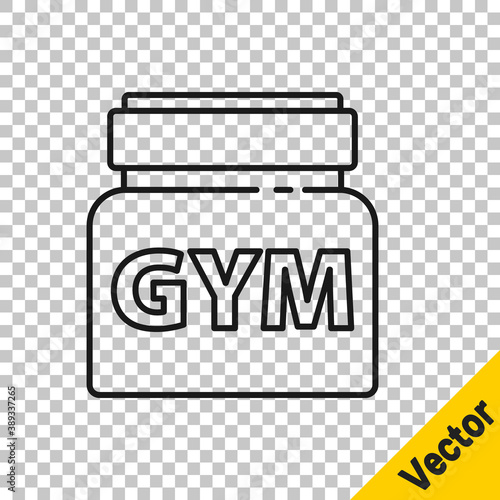 Black line Sports nutrition bodybuilding proteine power drink and food icon isolated on transparent background. Vector.