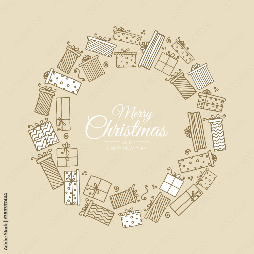 Merry Christmas and Happy New Year. Xmas background with presents. Greeting card, holiday banner, web poster