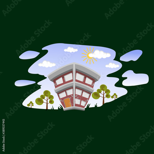 home stay  with trees and also an attractive cloud view and a warm sun. home illustration concept that combines various natural beauties